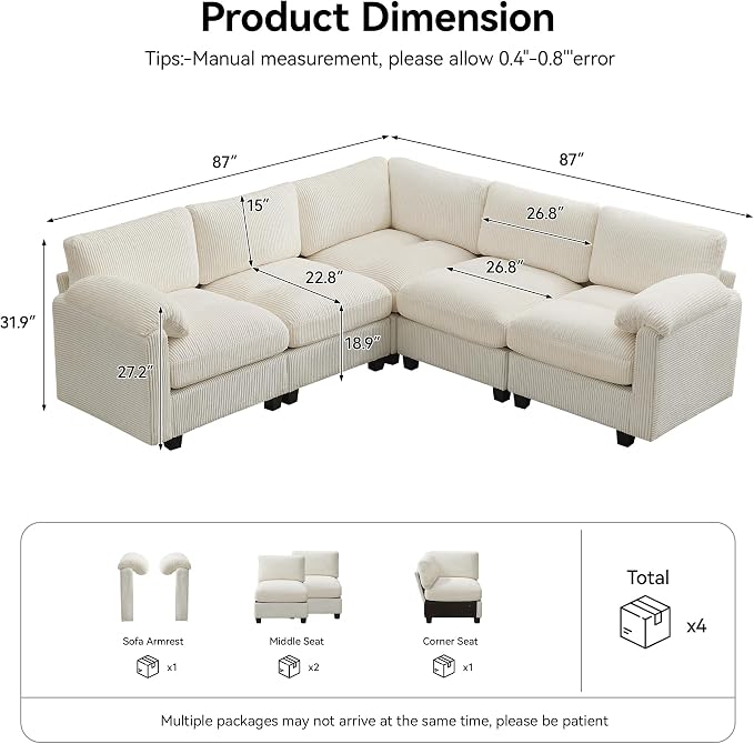 87'' V-Shaped Sectional Sofa Couch, 5-Seater Modular Couches - Image 2
