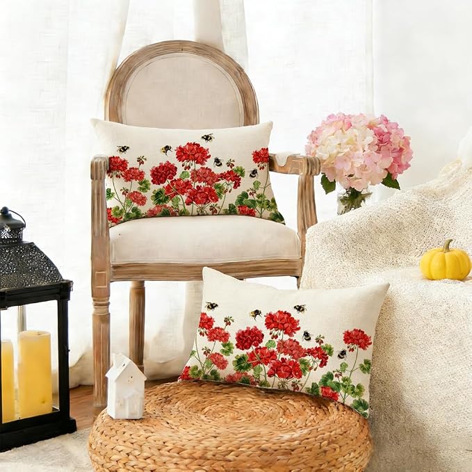 RABUSOFA Spring Summer Outdoor Geranium Pillow Cover Waterproof 12x20 - Image 2