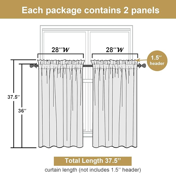 Lecloud Leia Charcoal Grey Sheer Kitchen Curtains 36 Inch Length 2 Panels - Image 3