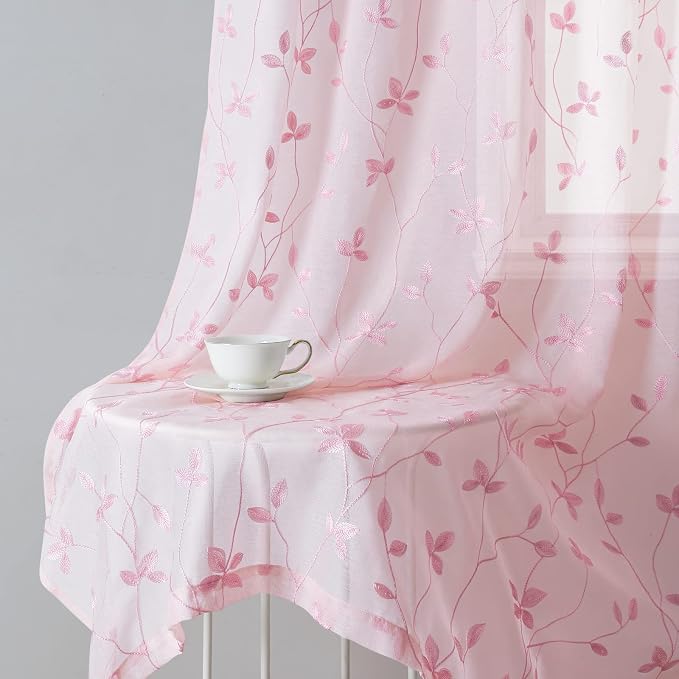 HOMEIDEAS Pink Sheer Curtains 52 X 84 Inches Length 2 Panels Embroidered Vine - Image 7