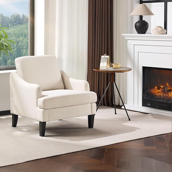 VINGLI Linen Fabric Accent Chair Beige, Modern Upholstered Armchair, Comfy Sofa by VINGLI