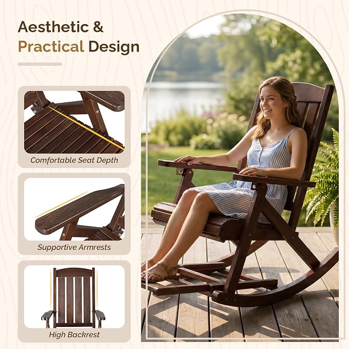 VINGLI Wooden Porch Rocking Chair, Heavy Duty Outdoor Rocking Chair - Image 4