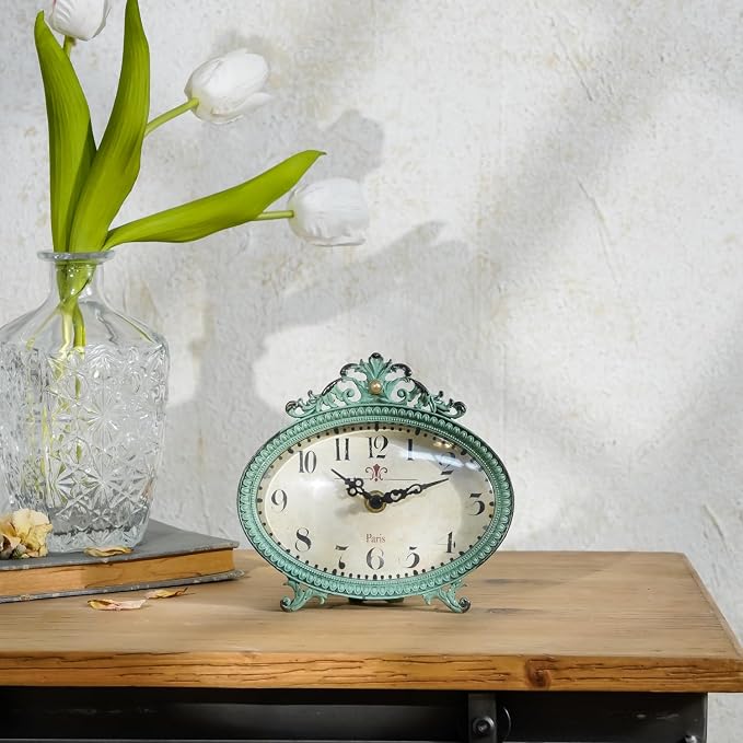 NIKKY HOME Vintage Table Clock, French Turquoise Color Rococo Style Desk Clock - Image 2