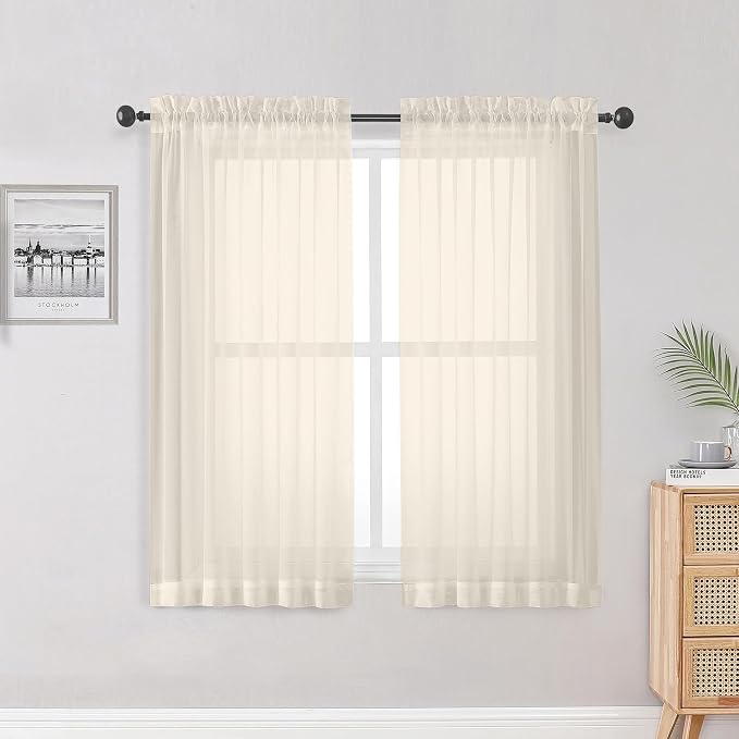 OWENIE Sheer Curtains, Cream Sheer Curtains 50 Inch Length 2 Panels Set by OWENIE