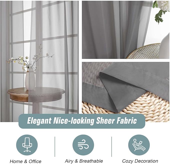 Grey Sheer Curtains 63 Inch Length 2 Panels, Voile Sheer Curtain - Image 4