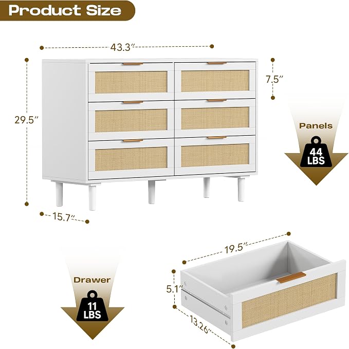 FUQARHY 6 Drawer Dresser Rattan Dresser Modern Chest - Image 2