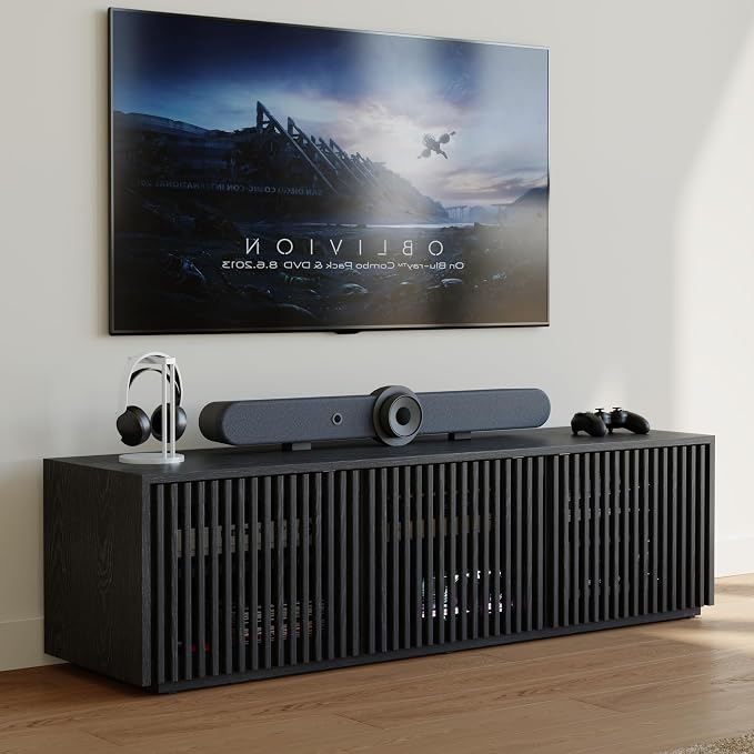 POVISON Full Assembled Mid Century Modern TV Stand, 59.06" Wood Slatted Media by POVISON