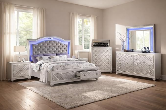First of a Kind Shiney Contemporary 5 Piece King Bedroom Set High Gloss Silver by FirstofaKind