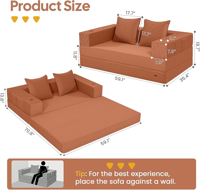 COMAX Futon Sofa Bed, 4‑in‑1 Convertible Sofa Bed, Folding Boneless Couches - Image 2
