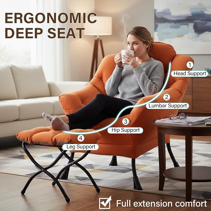 Welnow Lazy Chair with Ottoman for Living Room, Modern Reading Accent Chair - Image 5