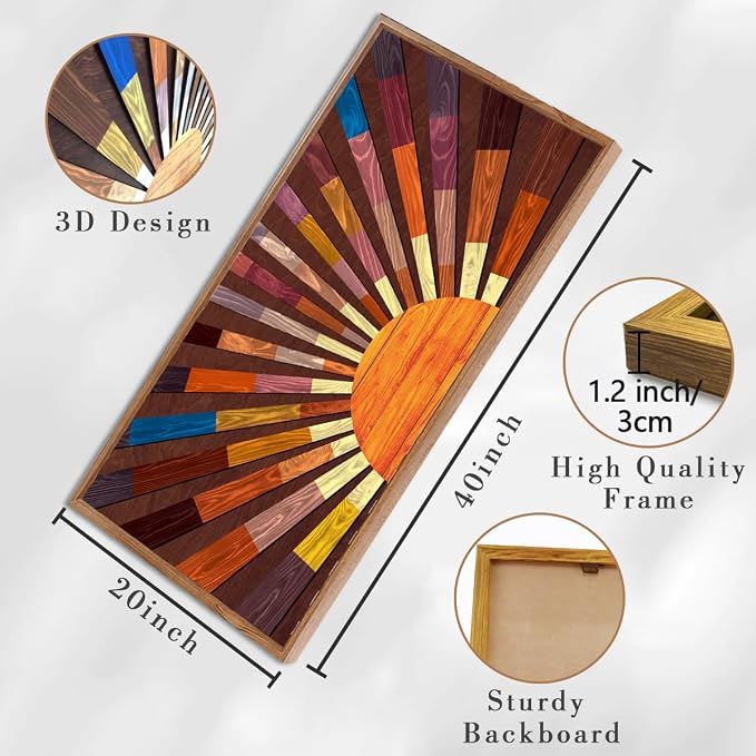 IARTTOP Extra Large Wood Sun Framed Wall Art 20x40 Inch Boho Sunrise 3D - Image 4