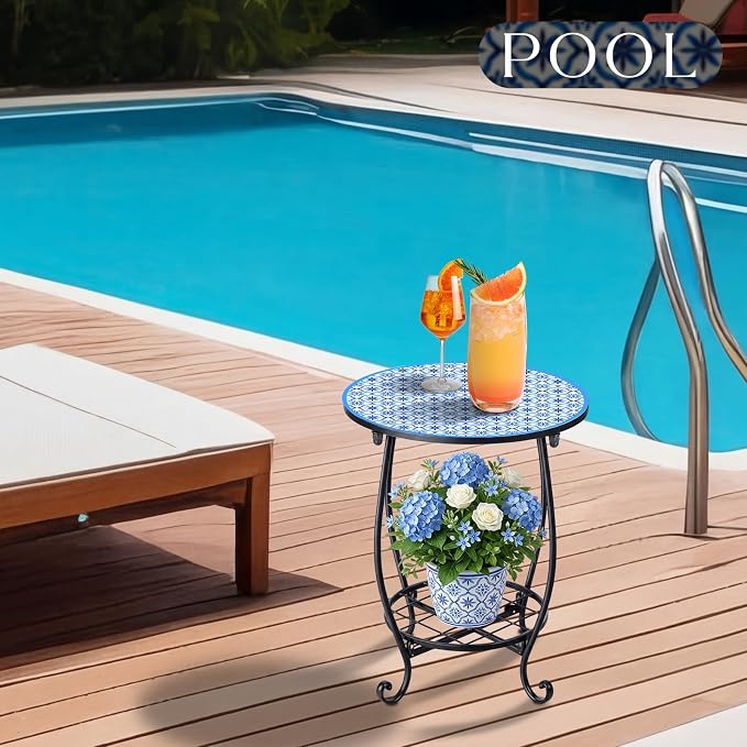 Cinnvoice Outdoor Side Table Round Small Mosaic Patio Accent Indoor End Plant - Image 6