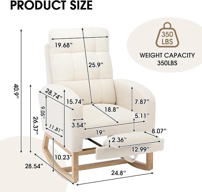 NIOIIKIT Modern Nursery Rocking Chair, Teddy Upholstered Rocking Chair - Image 2
