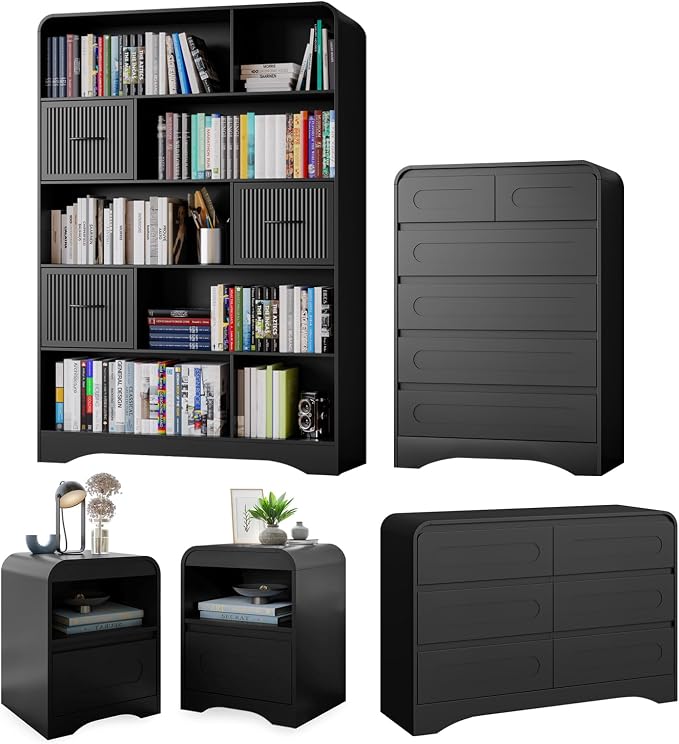 5 Piece Bedroom Sets, Modern Dresser and Nightstand Sets & Bookshelf by SOLACEFURNITURE