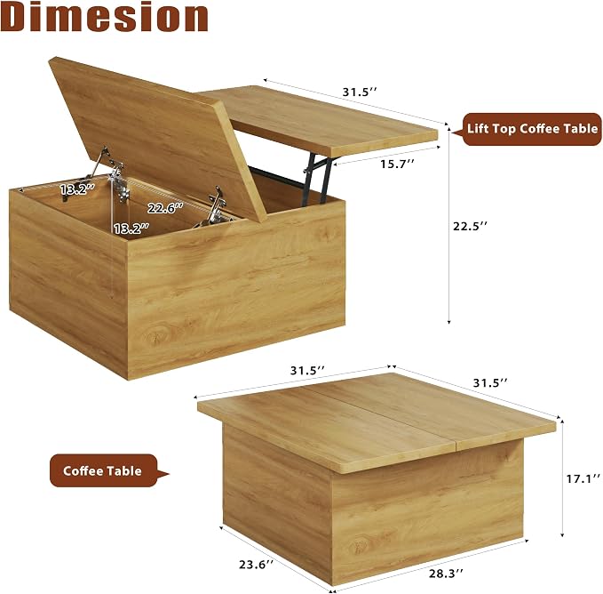 HUAHUU Lift Top Coffee Table, 4 in 1 Square Coffee Table - Image 2