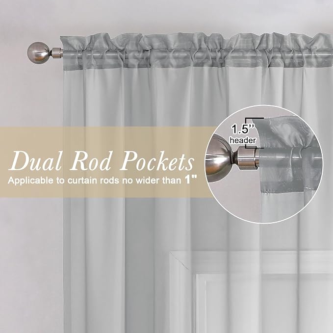 Lecloud Living Room Light Grey Sheer Curtains 72 Inch Long 2 Panels, - Image 2