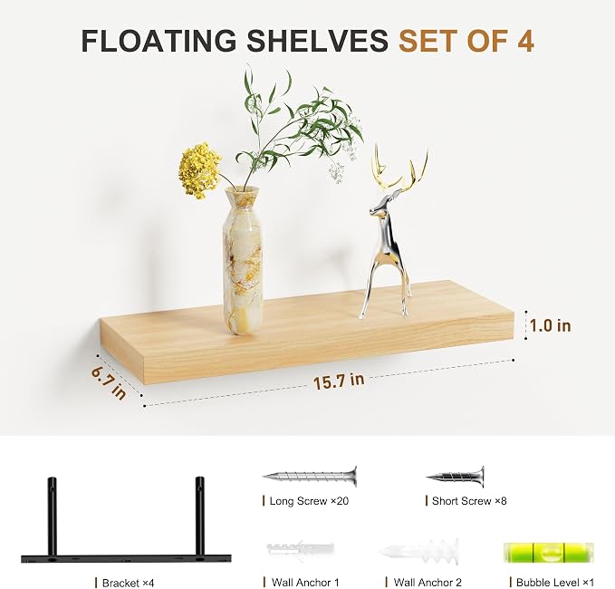 Bellsal Floating Shelves for Wall, Maple Wood Wall Shelf Set of 4, Living Room - Image 3