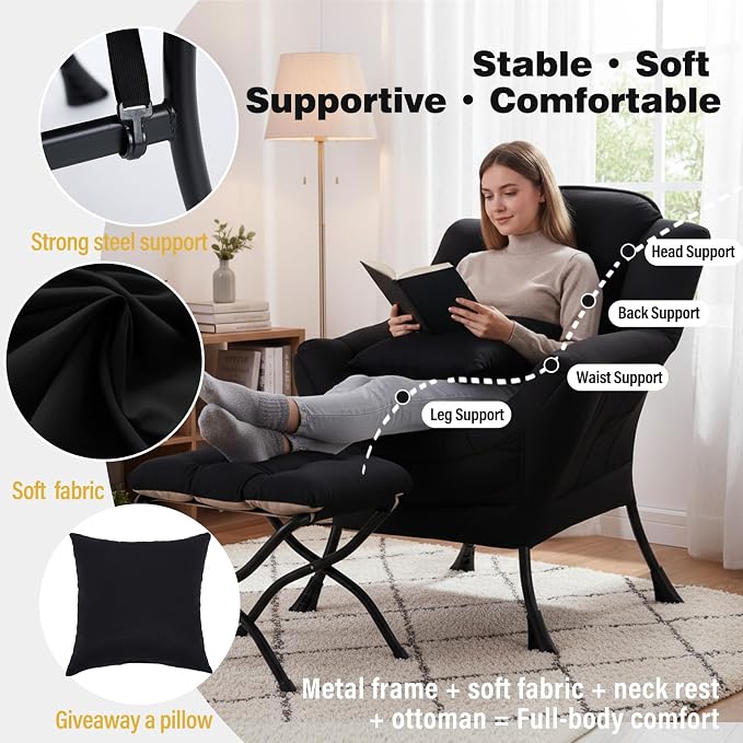Lazy Chair with Ottoman, Large Accent Chair with Ottoman and a Throw Pillow - Image 3