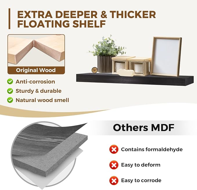 36x8x1.6 inch Floating Shelves Set of 2 – Solid Wood Rustic Black Wall Mounted - Image 3