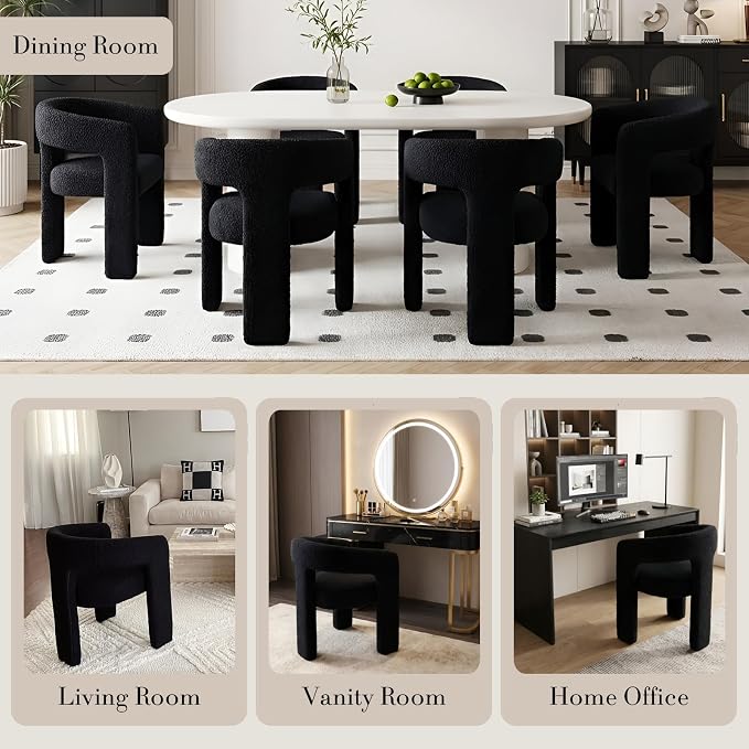 Black Dining Chairs Set of 6, Upholstered Sherpa Barrel Chairs - Image 5