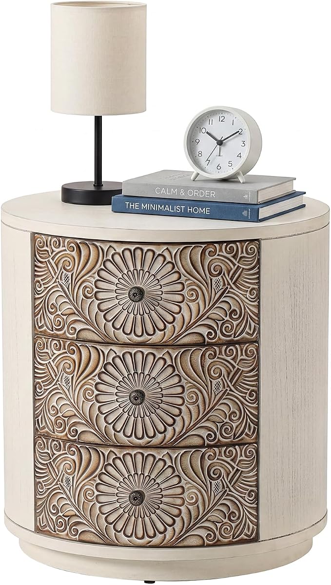 HOMPUS Round End Table with Carved Floral Pattern, Vintage Nightstand w 3 - Image 11