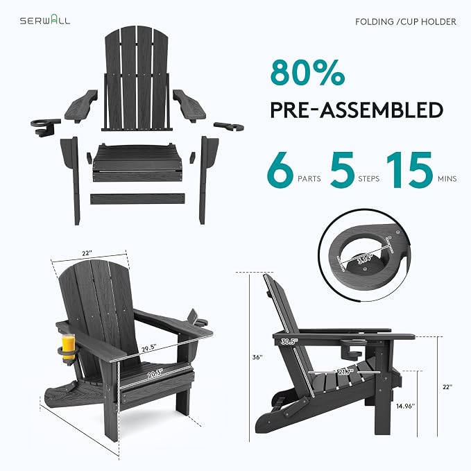 SERWALL Foldable Adirondack Chair Set of 2, HDPE Adirondack Chair - Image 7