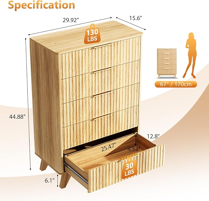 VINGLI Tall Dresser for Bedroom, Fluted Dresser Vertical Chest of Drawers - Image 2