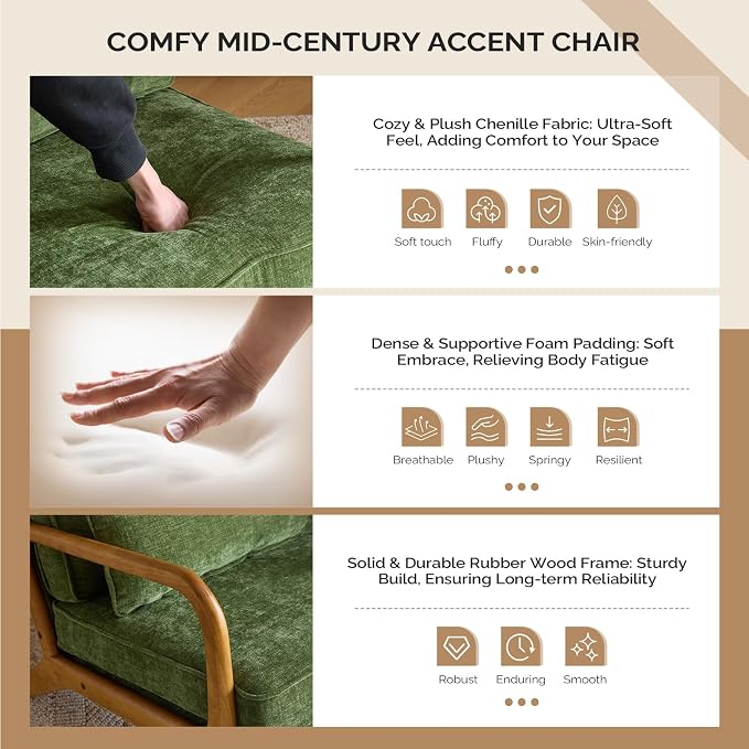 VINGLI Chenille Mid-Century Modern Accent Chair, Cute Reading Arm Chair - Image 3