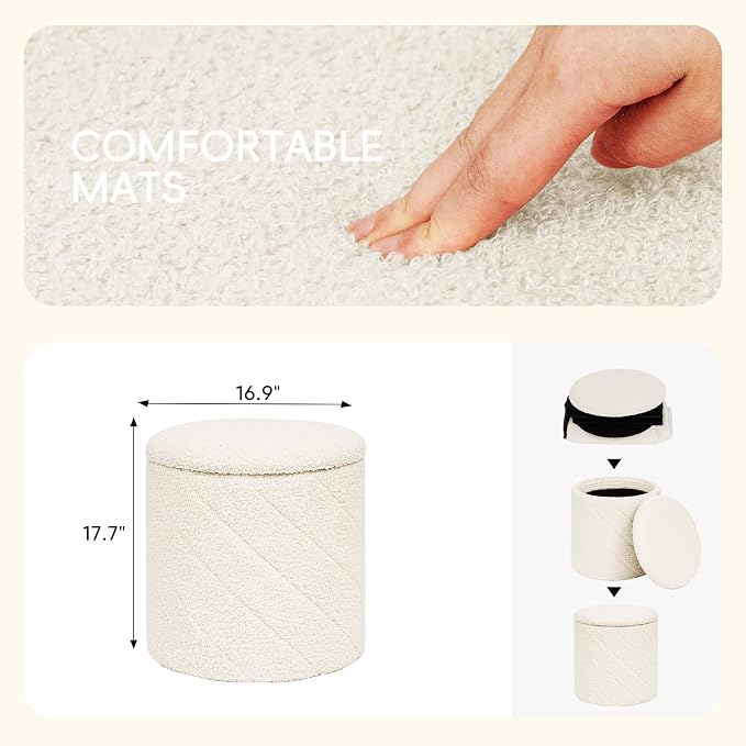 PINPLUS Ottoman with Stroage Round Boucle Ottoman and Tray Sherpa Removable - Image 3