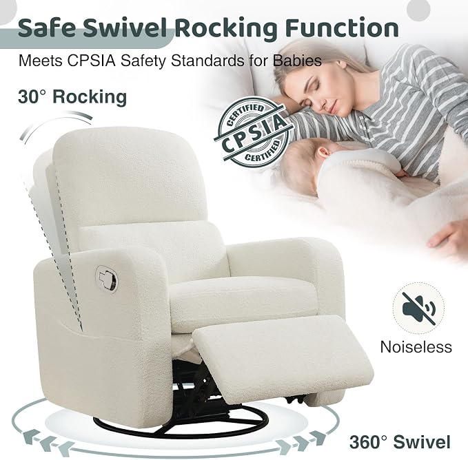 Swivel Rocker Recliner, Oversized Boucle Glider Recliner Nursery, Manual Swivel - Image 3