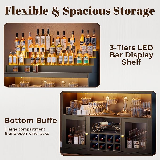 Loomie Wine Bar Cabinet with LED Lighted Liquor Bottle Display Shelf, Liquor - Image 5