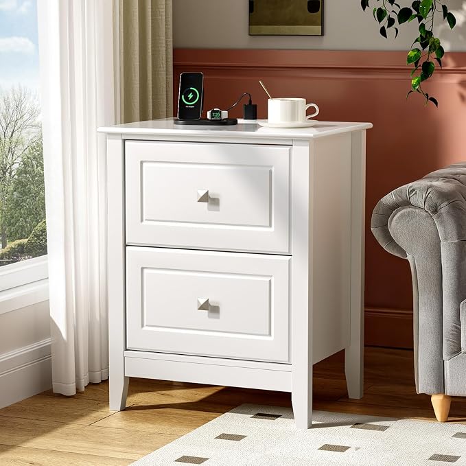 Bonnlo White Nightstand with Charging Station Night Stand White Wood Nightstand - Image 6