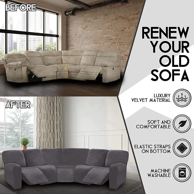 LightInTheBox 7-Piece Velvet Stretch Reclining Couch Covers 5 Seats Corner Sofa - Image 3