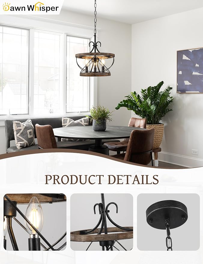 12.9 Inch Farmhouse Chandelier for Dining Room Wood Drum Chandelier Light - Image 5