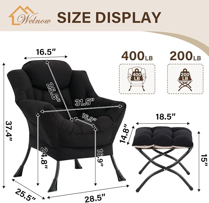 Welnow Lazy Chair with Ottoman, Modern Accent Chair with Armrests and a Side - Image 3