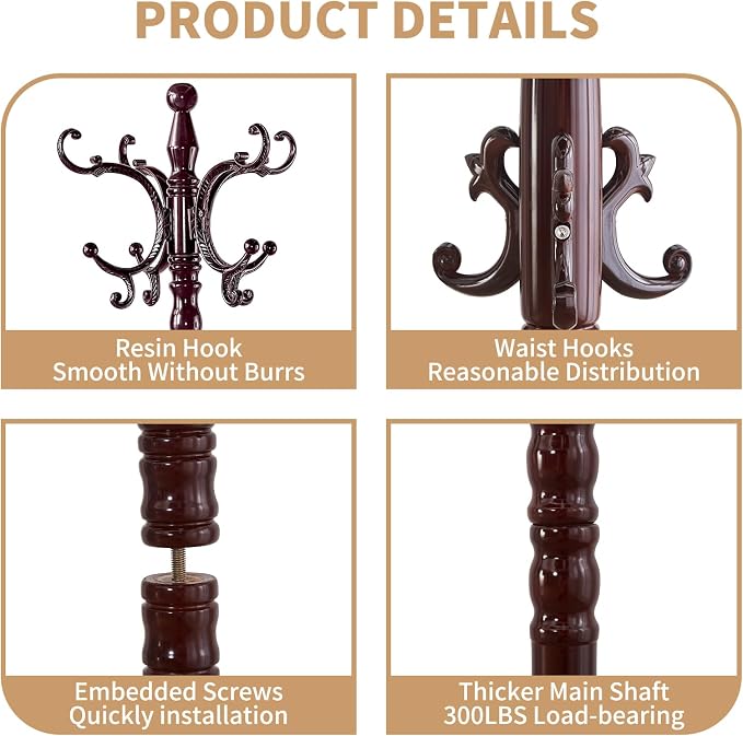 ZOZOE Wooden Classic Coat Rack Stand, Solid Wood Coat Rack Freestanding - Image 2
