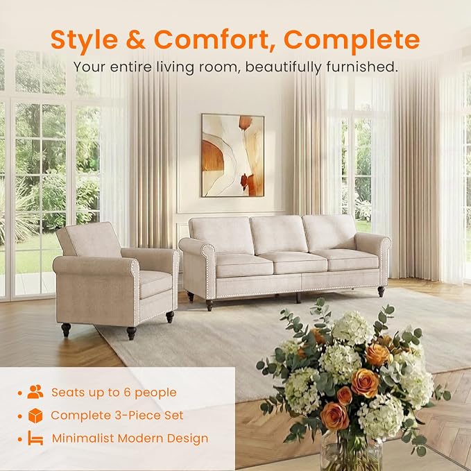 2 Piece Living Room Sofa Sets, Modern 3 Seater Sofa and Armchair Sets, Linen - Image 3