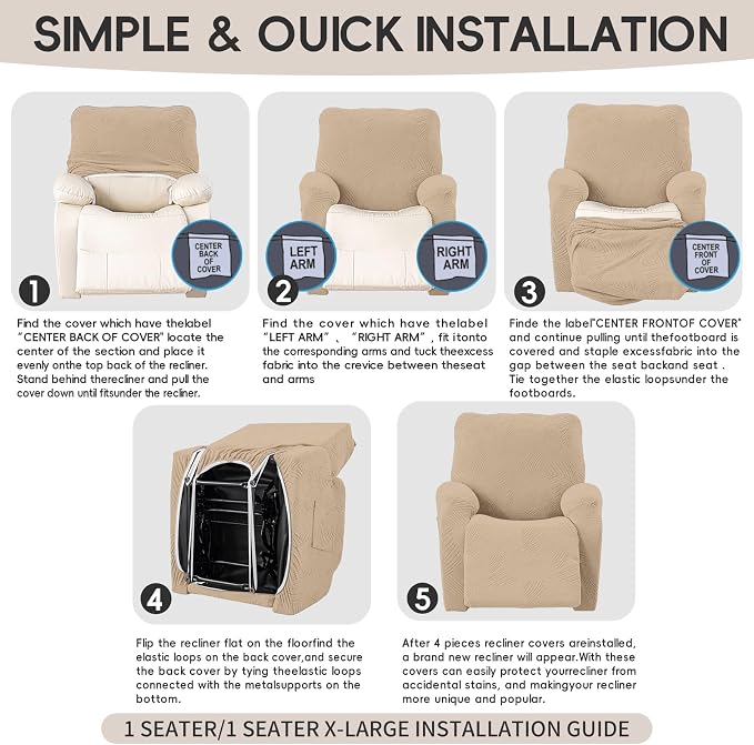Recliner Chair Covers, 4-Piece Stretch Geometric Strokes Jacquard Reclining - Image 8