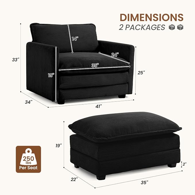 ROWHY Single Armchair with Ottoman, Modern Corduroy Cloud Couch with - Image 2