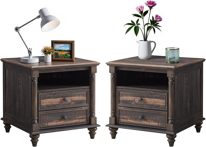T4TREAM 24'' Farmhouse End Table w/4 Solid Wood Feet Set of 2, Large 2 Drawers by T4TREAMFurniture