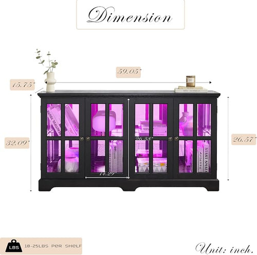 59" W LED Curio Cabinet with 7 Color Lights, Vintage Glass Display Case with - Image 2