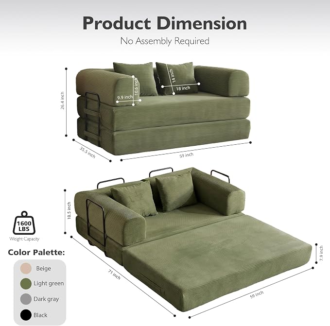 59in Convertible Sofa Bed, Corduroy Boneless Couch Bed, Futon Sleeper Sofa Pull - Image 2