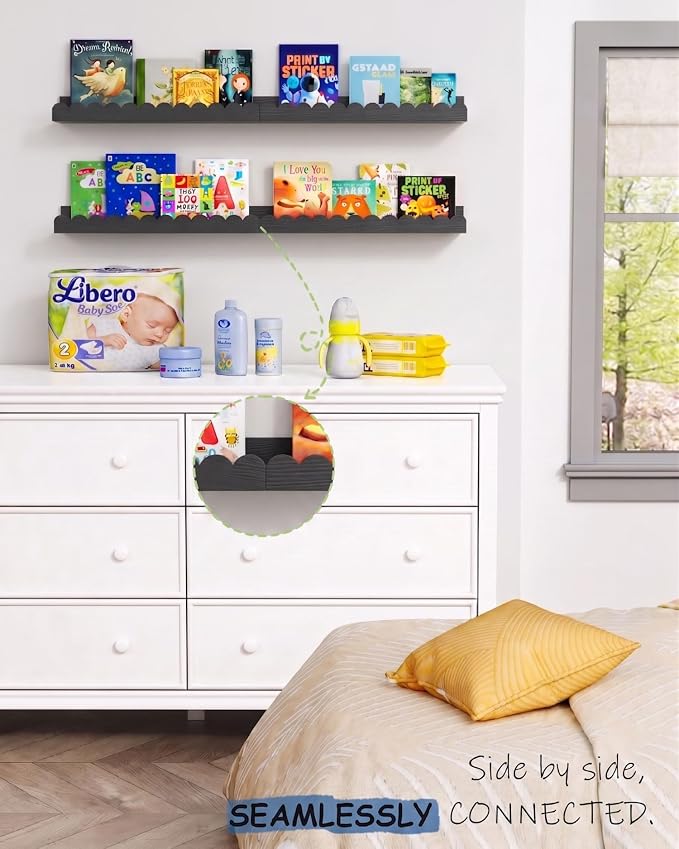 Harwaya Black Floating Nursery Wall Book Shelves Set of 4, Scalloped Shelves - Image 2