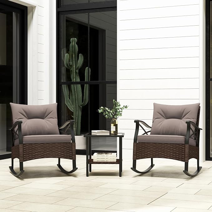 Tangkula 3 Pieces Outdoor Rocking Chairs Set, Rattan Heavy Duty Cushioned - Image 7