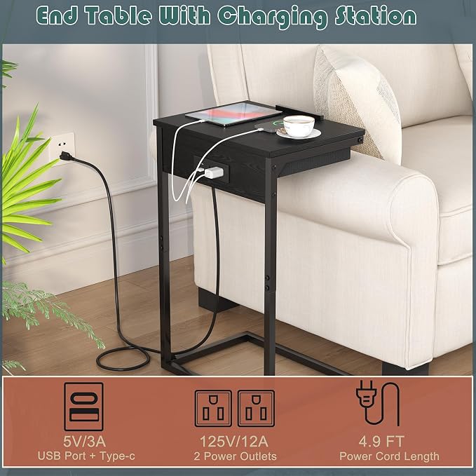 sthmec C Shaped End Table with Charging Station, 45° Tiltable Adjustable Flip - Image 5