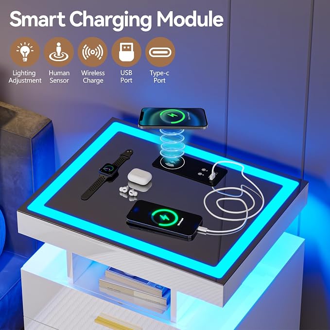 White Night Stand Set 2 with Wireless Charging Station, Smart Bedside Table - Image 4
