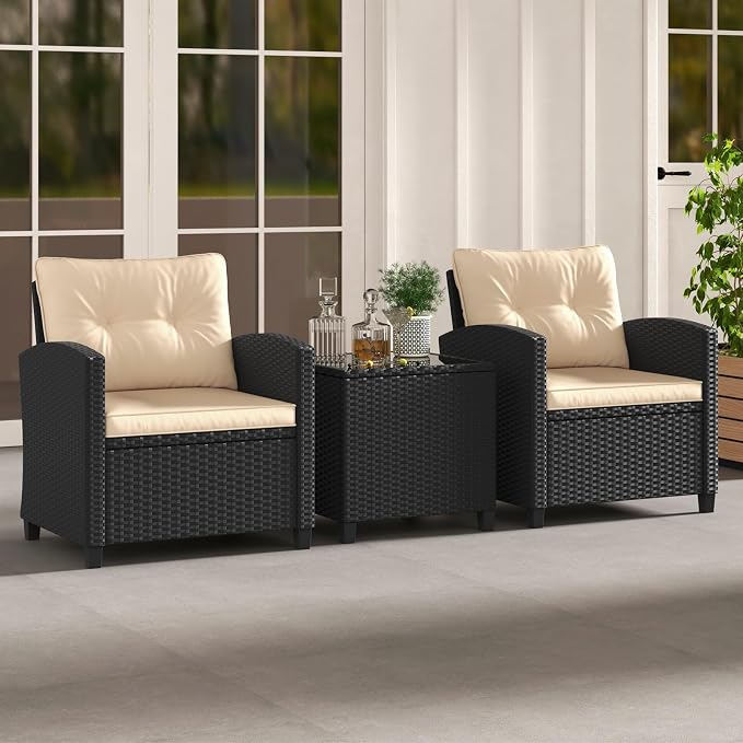 HAPPYGRILL 3 Pieces Wicker Patio Conversation Set, PE Rattan Bistro Sofa Set - Image 4