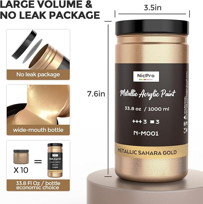 Nicpro Metallic Sahara Gold Acrylic Paint 33.8oz/1000ml, Non Toxic Non Fading - Image 5