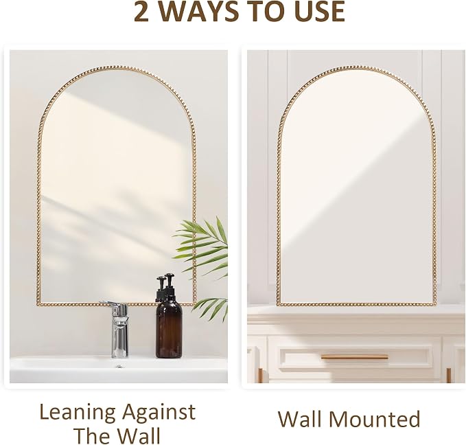 Antique Gold Arched Wall Mirror 20"x30", Ornate Beaded Metal Frame Bathroom - Image 7
