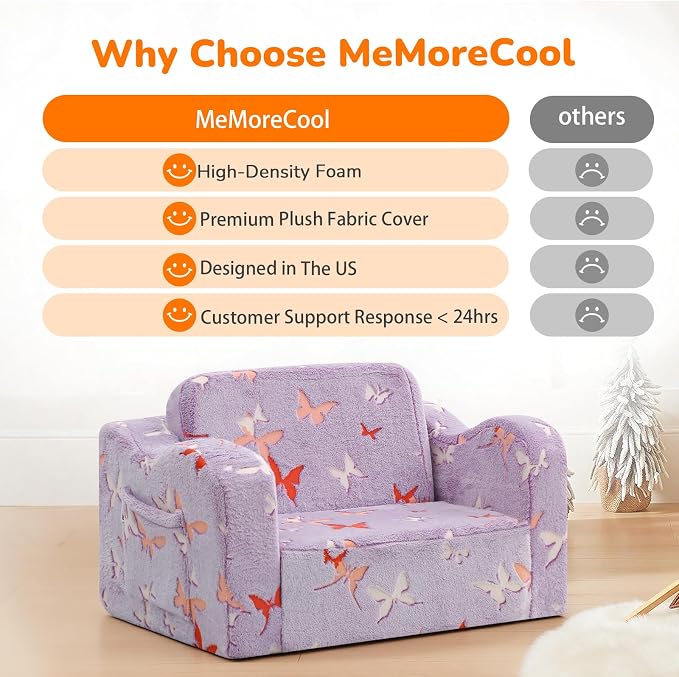 MeMoreCool Glowing Butterfly Kids Chair, 2-in-1 Foldable Kids Couch - Image 6
